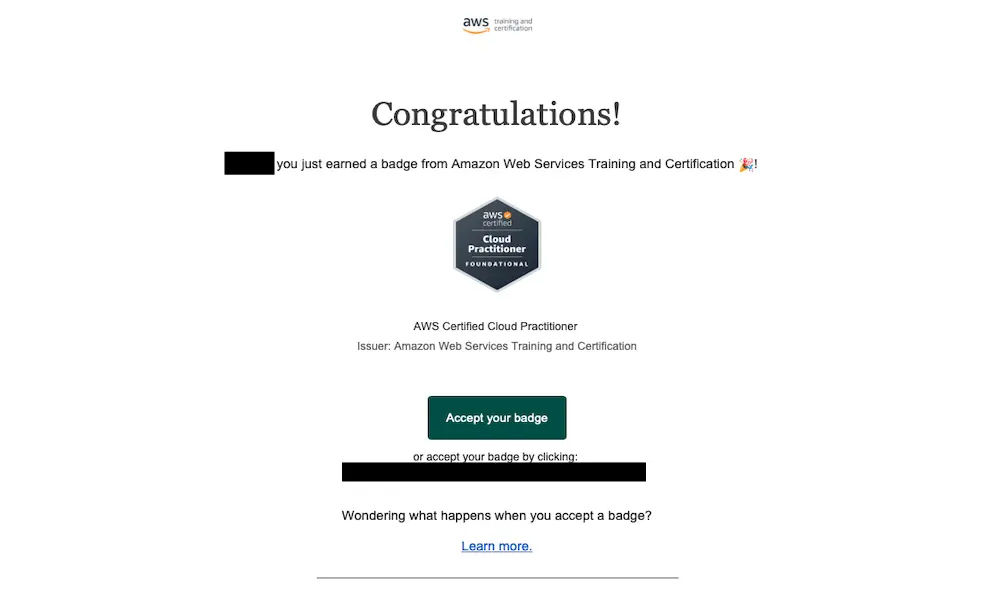 Certified Cloud Practitioner(クラウドプラクティショナー)の合格メールの画像