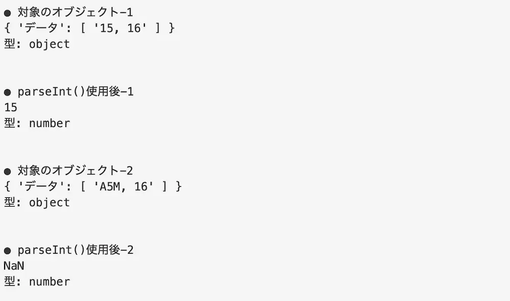 parseInt()でオブジェクトを整数の数値に変換した結果